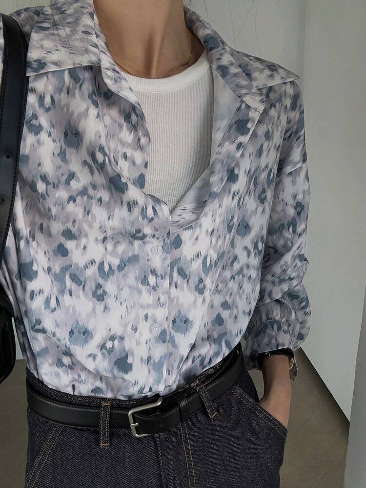 1pc Women's Full Print Tie-Dye Business Casual Long Sleeve Chiffon Blouse,Fall Women Clothes