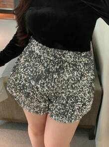 Dazy Plus Pantalones cortos rectos con cintura elástica y lentejuelas para todas las estaciones, talla grande