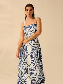 CAJUNI 女士波西米亚风绿色椰子树印花镂空腰后绑带无袖连衣裙，假日休闲夏装 - 彩色 - 查看 6