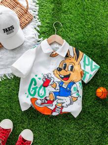 SHEIN Leap Crew 1 件年轻男孩休闲校园风格舒适时尚百搭柔软酷炫街头风格涂鸦鲜艳彩色兔子印花短袖衬衫，适合春夏季、日常、运动、郊游、学校、派对、度假、拍照