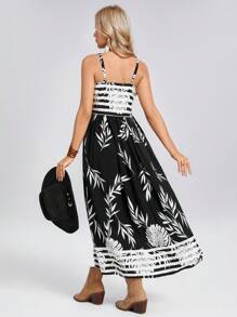 SHEIN LUNE Summer Vintage American Music Festival Tropical Vacation Beach Sleeveless Palm Leaf Print Dress - Black - View 3