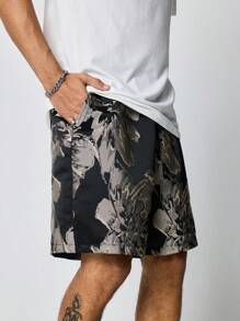 ROMWE MEN Goth Men's Front Tie Waist Print Splice Casual Shorts, Daily Leisure Wear Vacation