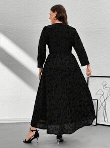 Firerie Plus Size Women Elegant Floral Olive Green Soft Mesh Print Loose A-Line Midi Dress, Comfortable For Casual Outings, Dates, Vacation - Black - View 2