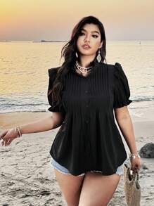 SHEIN Clasi Áo cánh xếp ly cổ đứng thanh lịch cỡ lớn tay bèo nhún - màu đen - Xem 5