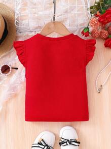 SHEIN Young Girl Solid Red Round Neck Fitted T-Shirt With Cap Sleeves, Suitable For Valentine's Day, Princess , Daily Wear, Vacation, Party - Red - View 2