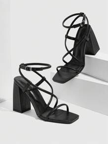 CUCCOO SZL Black Strap Combination Ankle Strap Square Toe Chunky High Heel Sandals, Fashionable For Commuting, Date Night, Party, Formal Occasions Spring Shoes Spring Break Easter Prom Heels - Black - View 8