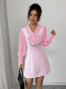 Elenzga Elegant Romantic Women's Dress, Contrast Color Fabric Patchwork Bow Design 2 In 1 Fall Cloth For Women - Pink - View 4