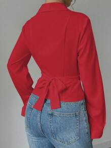 SHEIN PETITE 杏色 V 领系腰蝴蝶结优雅浪漫女士衬衫