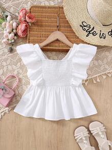 SHEIN Tween Girls' Casual V-Neck Embroidered Ruffle Trim Vacation Blouse - White - View 3