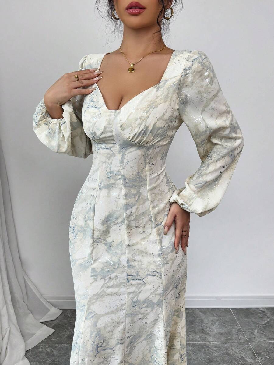 Modelyn Robe longue décontractée à manches longues et encolure en forme de cœur imprimée pour femmes - Bleu azur - Voir 1