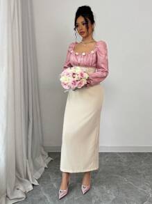 Modelyn Women's Mixed Fabric Jacquard Pink Floral Long Sleeve Bodycon Elegant Dress