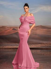 Glamrae Dây chuyền màu hồng thanh lịch và sang trọng với nơ phóng đại Đầm maxi đuôi cá cạp cao, Đầm dự tiệc cưới, Hoàn hảo cho các buổi hẹn hò, tiệc độc thân, đám cưới, sự kiện trang trọng, đầm dự tiệc, đầm dạ hội, váy dài - Bụi hồng - Xem 6