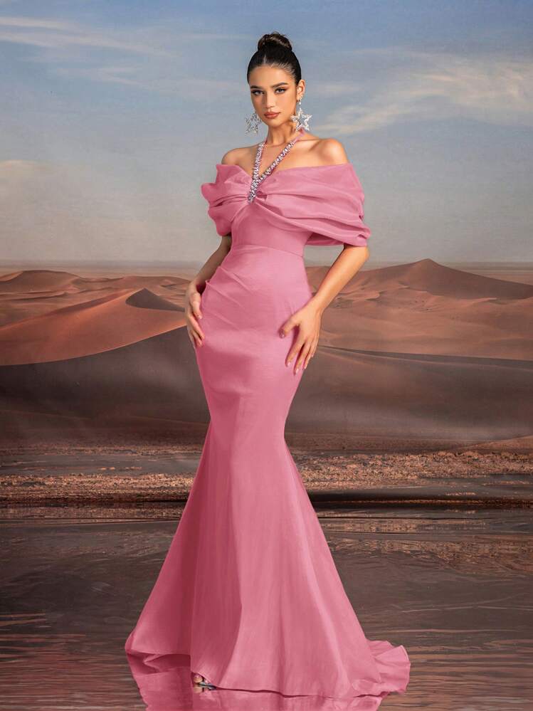 Glamrae Dây chuyền màu hồng thanh lịch và sang trọng với nơ phóng đại Đầm maxi đuôi cá cạp cao, Đầm dự tiệc cưới, Hoàn hảo cho các buổi hẹn hò, tiệc độc thân, đám cưới, sự kiện trang trọng, đầm dự tiệc, đầm dạ hội, váy dài - Bụi hồng - Xem 6