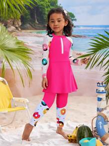 Girls 2pcs Bikini Set, Suspender Crop Top With Cute Donut Pattern Zipper & Printed Pants, Splicing Design - Multicolor - View 1