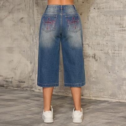 여성용 빈티지 블루 데님 크롭트 와이드 레그 청바지, 크로스 크리스탈 장식이 있는 미국 스트리트웨어 스타일, 여름 신상