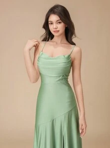 Fashions Teen Girl Green Simple And Generous Off The Shoulder Backless Shrinkage High-Split To The Leg Crossover Asymmetrical Fashionable Personalized Ruffles Halter Homecoming Dresses - Green - View 7