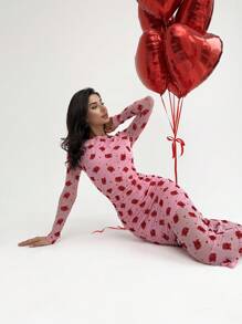 Firerie Vestido midi de manga larga de Body con recogido, de tela elástica con estampado floreado romántico y detalles elegantes, ideal para Navidad, Año Nuevo y Día de San Valentín, para otoño/invierno