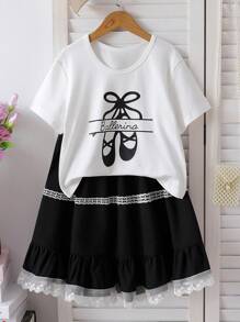 Tween Girls Casual Sweet Round Neck Short Sleeve Letter Print Cropped T-Shirt And High Waist A-Line Lace Trim Skirt Set, Summer