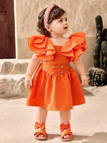 Travachic KIDS Baby Mädchen Set mit rüschenbesetztem Saum bestehend aus orangefarbenem Kurzarm-Top und Rock, 2-teilig, Sommer - Orange - Übersicht 4