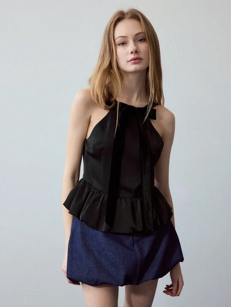 MOTF STUDIO VELVET BOW DECOR PUFFBALL HEM TANK TOP, VALENTINE'S DAY