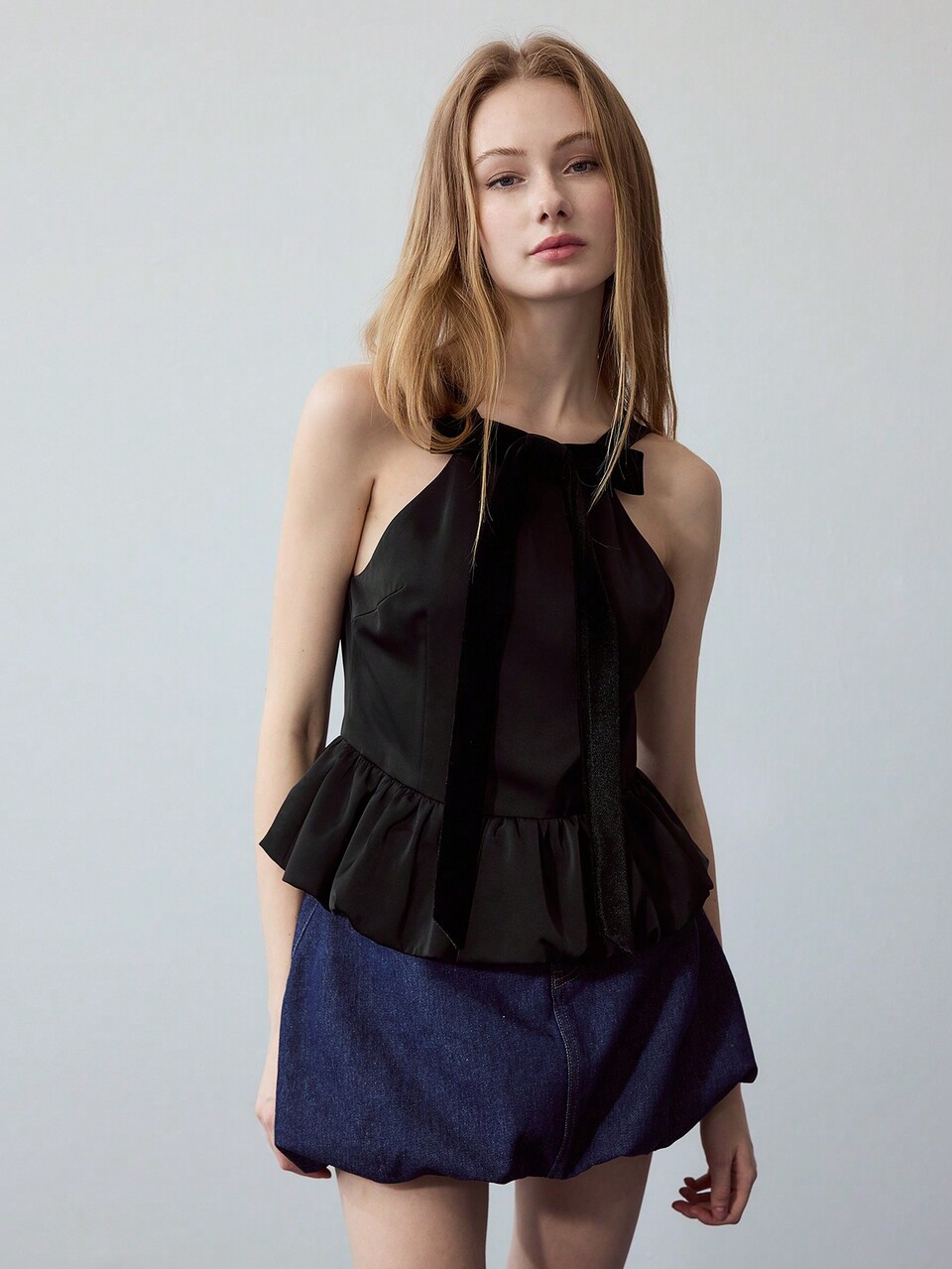 MOTF STUDIO VELVET BOW DECOR PUFFBALL HEM TANK TOP, VALENTINE'S DAY