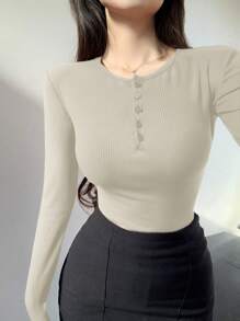 DAZY Women's Slim Fit Solid Color Button Closure Half Placket Long Sleeve T-Shirt, Spring New Arrival,Fall Clothes