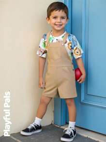 SHEIN Young Boy Animal Print Short Sleeve Top And Bib Shorts Set - Khaki - View 1