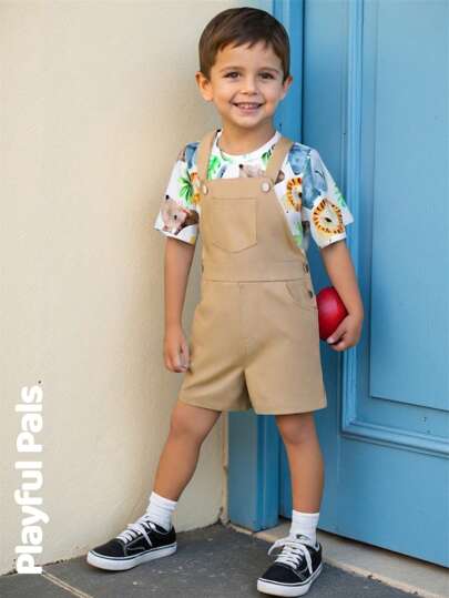 SHEIN Conjunto de niño pequeño con top de manga corta con estampado animal y pantalones cortos tipo babero