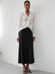 SHEIN Privé Women's Elegant V-Neck Twist Design Loose Long Sleeve Floral Textured Blouse In White, Commute-Friendly Fall Cloth For Women - White - View 6