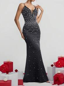 SHEIN Belle Vestido largo elegante de mujer con tirantes de espagueti adornados con strass y perlas falsas, vestido de invitada de boda, vestido de fiesta, vestido de noche, vestido de gala, color negro - Negro - Ver 9