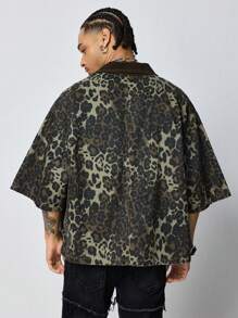 ROMWE MEN Grunge Punk Men's Grunge Leopard Camo Print Single-Breasted Pocket Denim Shirt