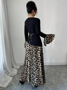 Modelyn Women's Woven Contrast Paneled Leopard Print Cinched Waist Dress - Black - View 3