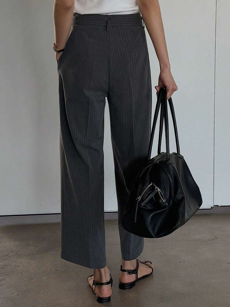 Women Striped Straight Leg Pants With Belt & Pockets, Elegant Casual Trousers For Summer