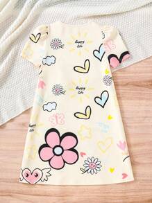 SHEIN Tween Girl Casual Cartoon Floral Print Round Neck Puff Sleeve A-Line Dress