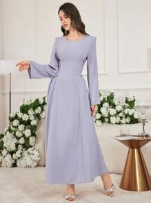 Modelyn Feather Decor Cinched Waist V-Neck Solid Color Elegant Long Sleeve Dress