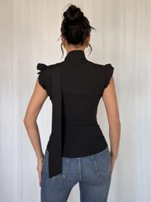 SHEIN Unity 全新时尚休闲春夏办公室通勤拼接扭花盖袖修腰女式衬衫 - 黑色 - 查看 2