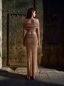 Maija Spring And Summer New Style Khaki Glitter Knitted One-Shoulder Top Waisted Sexy Skirt Women's Two-Piece Set Urban Modern Elegant Sleeveless Daily Casual Commuting Suitable For Going Out On Holiday, Holiday Party, Wedding Date Wear - Brown - View 5