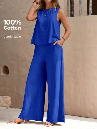 EMERY ROSE Women 2-Piece Set Solid Color Round Neck Sleeveless Top And Wide-Leg Pants, Suitable For Summer
