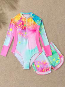 SHEIN 青少年女孩扎染印花长袖连体泳衣（配平角裤）