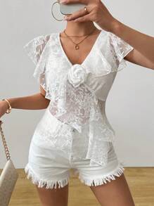 SHEIN Unity Romantic Lace Ruffle 3D Floral Decor Blouse - White - View 4