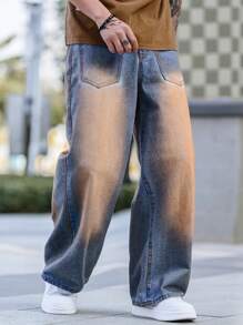 Manfinity EMRG Men's Casual Loose Pocket Design Wide Leg Jeans, Everyday Wear