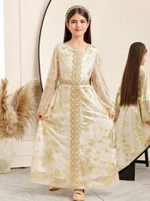 SHEIN Tween Girls Casual Round Neck Geometric Retro Pattern Stitching Dress, Suitable For Ramadan - Gold - View 5