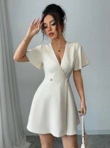 Rafferiza 杏色荷叶边蝴蝶结短袖交叉前短款女式连衣裙 - 杏色 - 查看 4