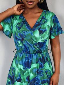 SHEIN LUNE Women V-Neck Printed Pattern Short Sleeve Dress - Multicolor - View 3