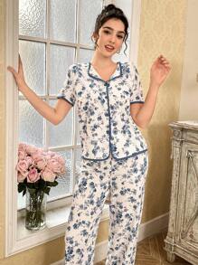 CottageSlumber Women Floral Print Short Sleeve Top And Long Pants Pajama Set, Loose Fit Holiday Season, Bountiful Floral Splendor  Cozy And Elegant Details - Blue - View 6