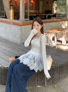 DAZY 女士圆领蕾丝拼接长袖纽扣前开襟简约休闲上衣，日常穿着，秋季女装 - 白色 - 查看 6