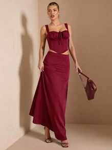 SHEIN BAE 2pcs Set Women's Burgundy Summer Elegant Party Outfit:Ruched Strap Back Tie Waist Camisole & Maxi A-Line Skirt,Suitable For Early Spring Vacation - Burgundy - View 4
