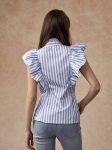 Écloséra 2024 New Summer European And American Style Women Short Sleeve Blouse, Striped Slim Fit Ruffle Trim 3/4 Sleeve Blouse