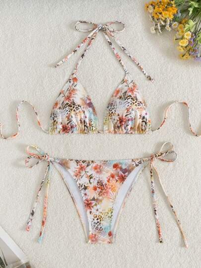 Swim Vcay Bikini para vacaciones en la playa con estampado de leopardo y flores para verano y vacaciones en la playa