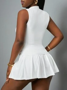 Slaydiva 新款春夏休闲基础运动风简约小立领前中拉链无袖短上衣+百褶裙迷你裙白色针织女两件套 - 白色 - 查看 2